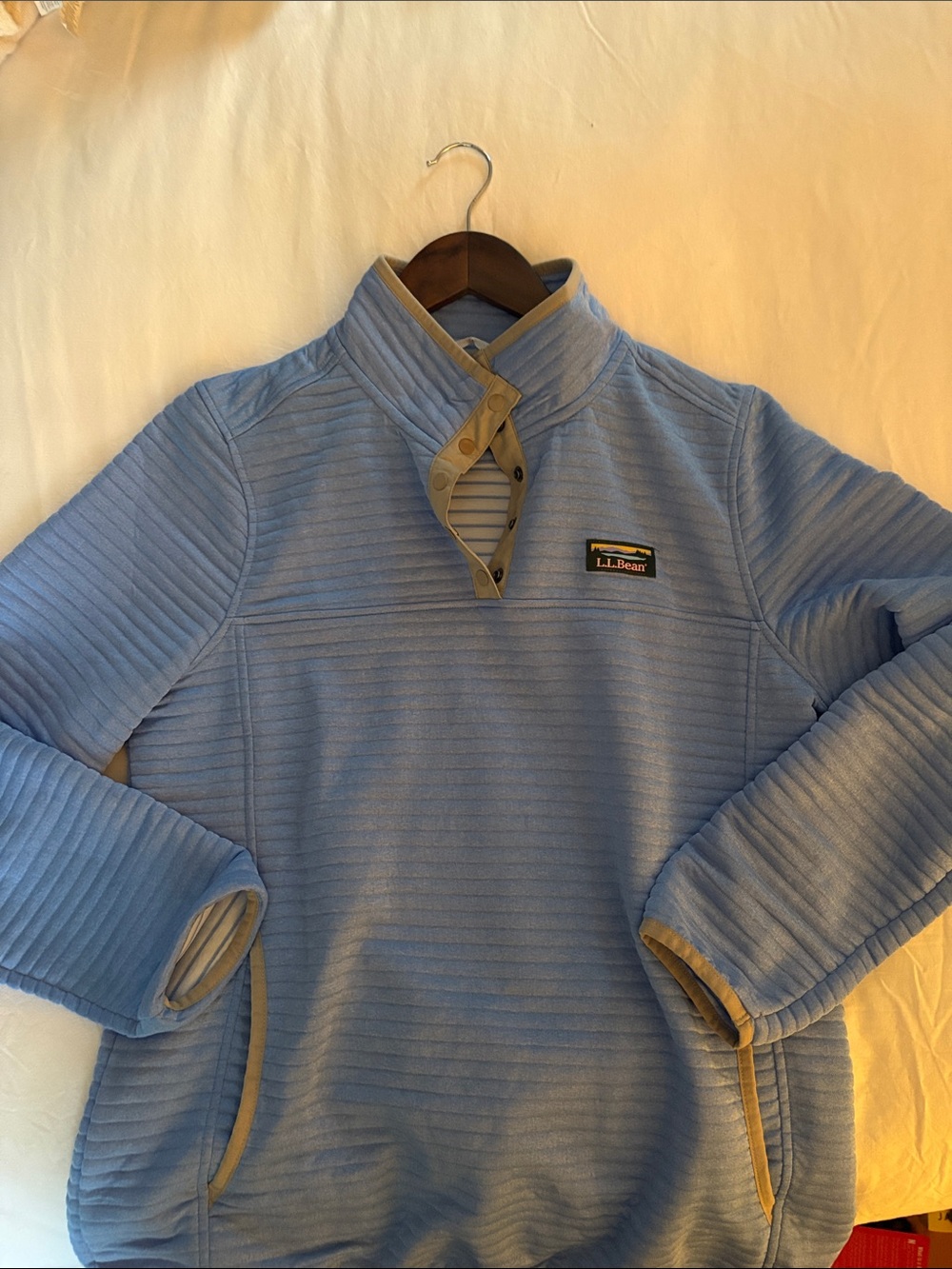 L.L. Bean Light Blue Quilted Snap Pullover with Tan Trim